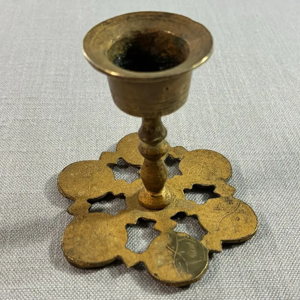 Vintage Brass Mini Chamberstick Finger Loop Candlestick Floral Base China